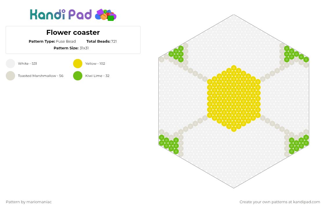 Flower coaster - Fuse Bead Pattern by mariomaniac on Kandi Pad - white,yellow,cotdflowers,flower,coaster,beadpattern