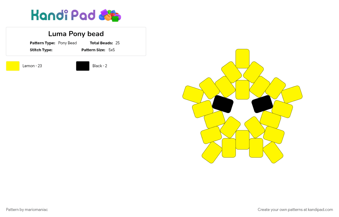 Luma Pony bead - Pony Bead Pattern by mariomaniac on Kandi Pad - luma, ponybead, super mario, super mario galaxy, yellow