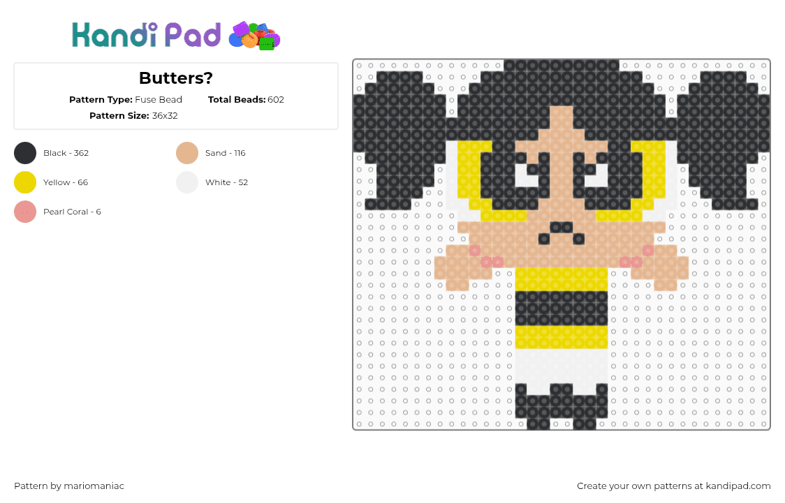 Butters? - Fuse Bead Pattern by mariomaniac on Kandi Pad - black,yellow,beige,powepuffgirls,ppg,beadpattern,knockitoff,chemicalxtreme,cartoon,character