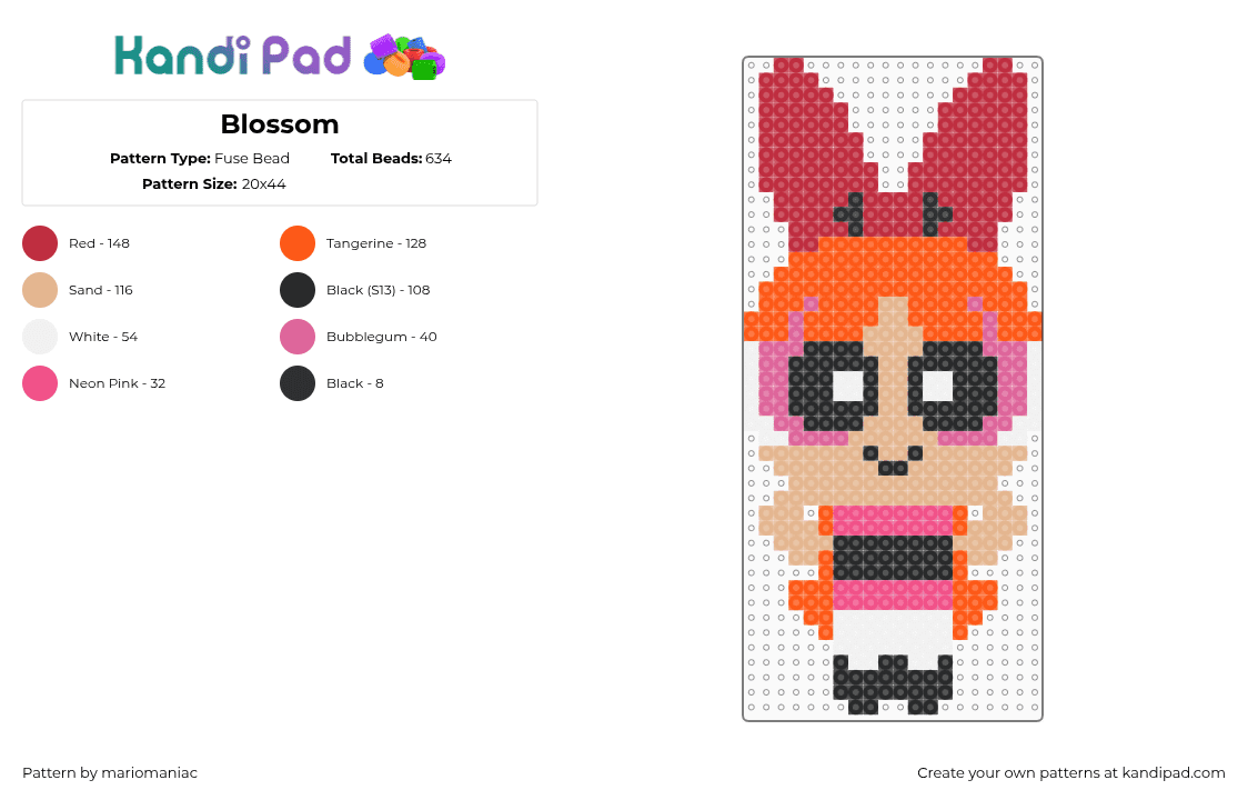 Blossom - Fuse Bead Pattern by mariomaniac on Kandi Pad - blossom,powerpuff girls,superhero,character,cartoon,tv show,red,orange,pink,tan