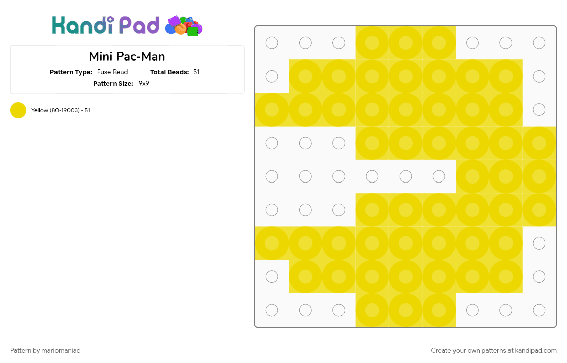 Mini Pac-Man - Fuse Bead Pattern by mariomaniac on Kandi Pad - arcade, character, pacman, video game, yellow
