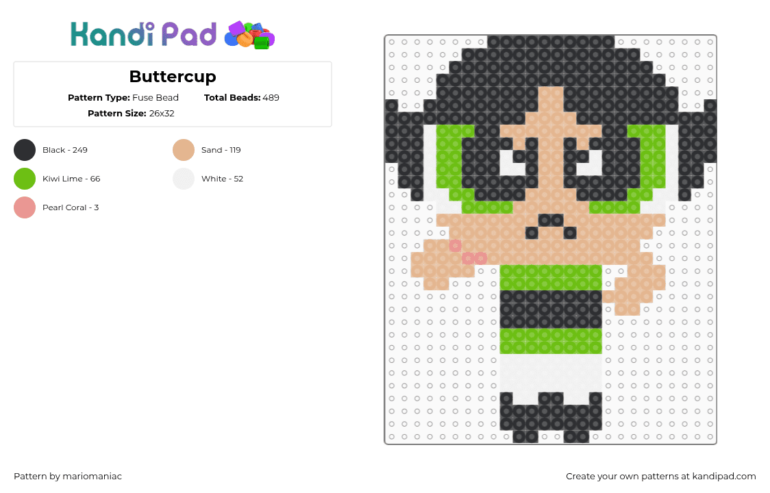 Buttercup - Fuse Bead Pattern by mariomaniac on Kandi Pad - buttercup,powerpuff girls,superhero,character,cartoon,tv show,green,tan,black