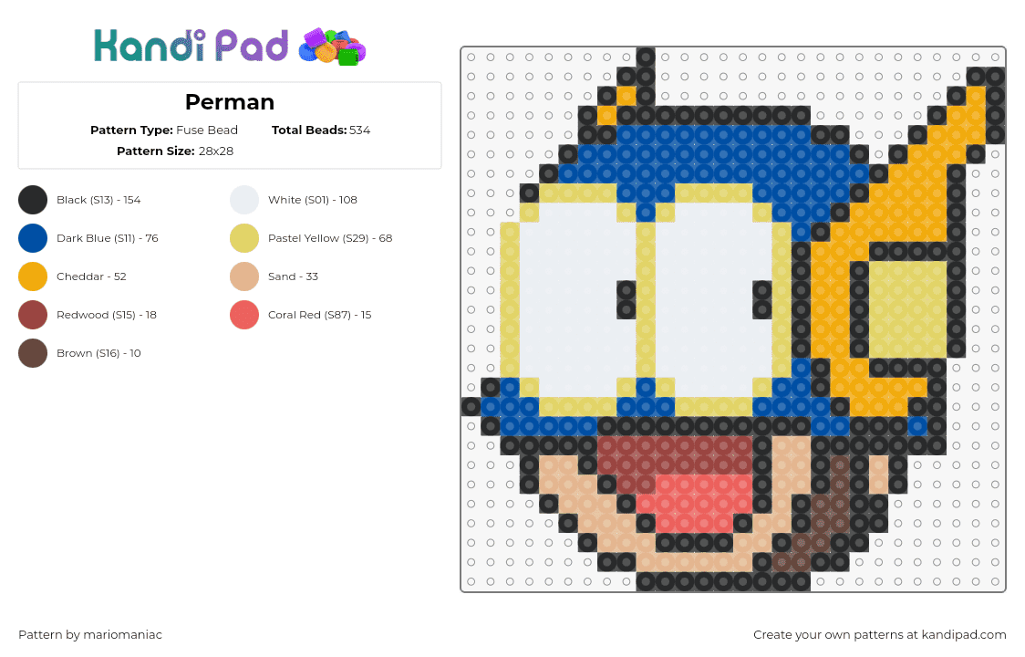 Perman - Fuse Bead Pattern by mariomaniac on Kandi Pad - perman,superhero,manga,character,head,smile,blue,yellow,tan