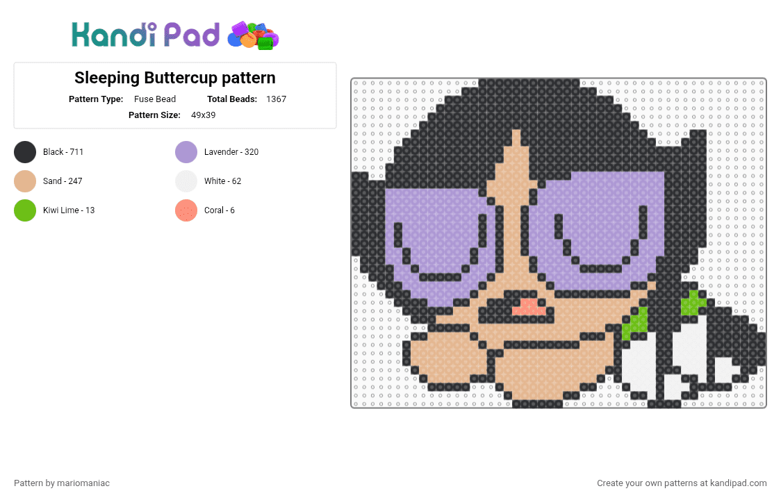 Sleeping Buttercup pattern - Fuse Bead Pattern by mariomaniac on Kandi Pad - buttercup,powerpuff girls,black,beige,pink,powerpuffgirls,beadpattern,sleepyhead,eepytime