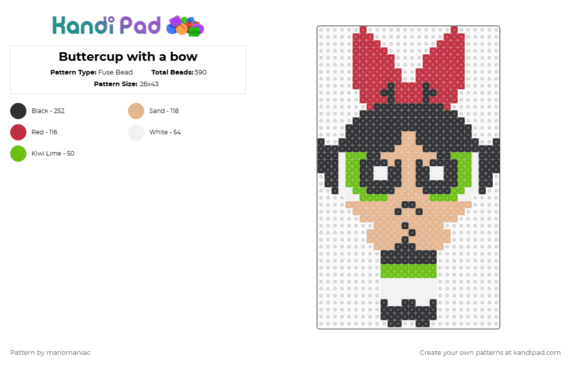 Buttercup with a bow - Fuse Bead Pattern by mariomaniac on Kandi Pad - buttercup,powerpuff girls,character,cartoon,tv show,beige,red,powerpuffgirls,beadpattern,superhero,cute