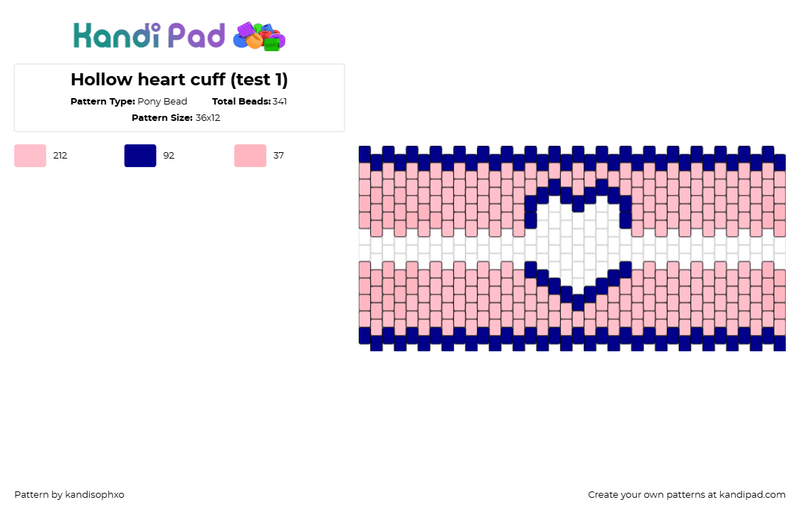 Hollow heart cuff (Pattern!! do as two cuffs then lace together) - Pony Bead Pattern by kandisophxo on Kandi Pad - heart,love,valentine,cuff,blue,pink