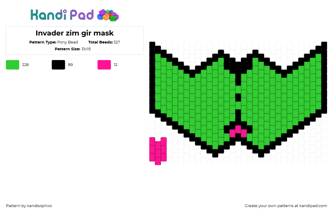 Invader zim gir mask - Pony Bead Pattern by kandisophxo on Kandi Pad - gir,invader zim,tongue,mask,cartoon,tv show,green,pink