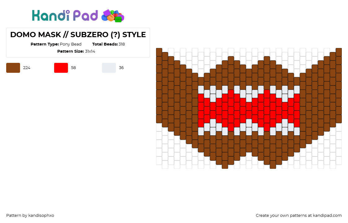 DOMO MASK // SUBZERO (?) STYLE - Pony Bead Pattern by kandisophxo on Kandi Pad - domo,moth,mask,teeth,brown,red