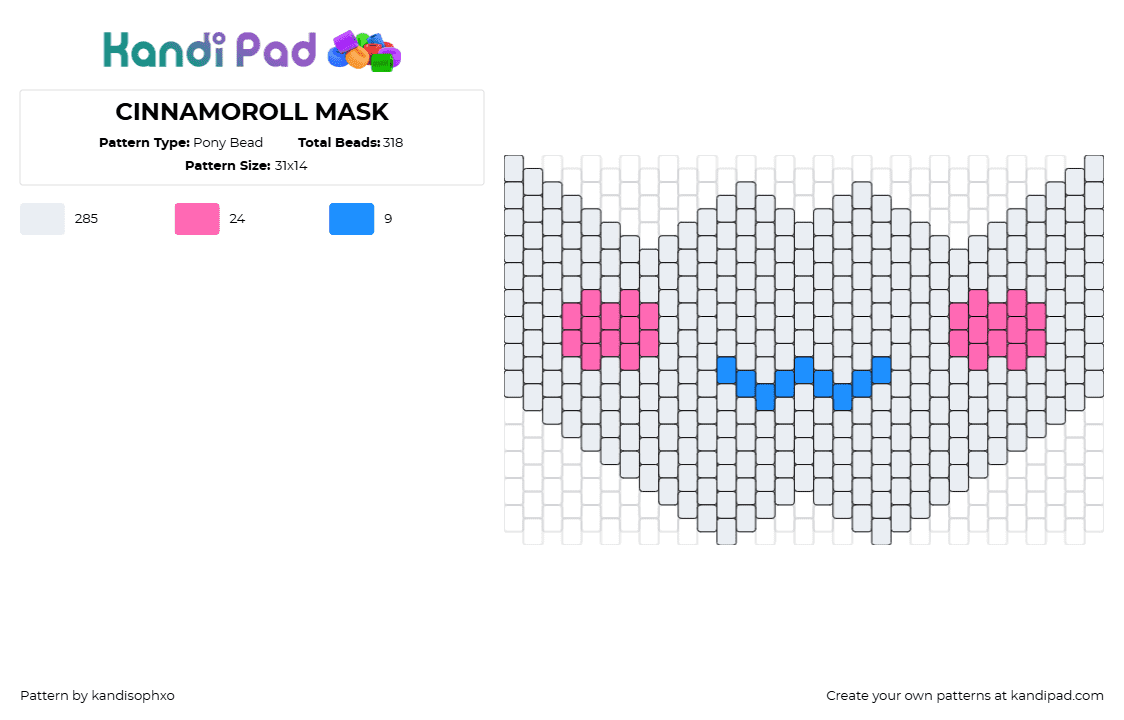 CINNAMOROLL MASK - Pony Bead Pattern by kandisophxo on Kandi Pad - cinnamoroll,sanrio,mouth,mask,kawaii,cute,white,pink