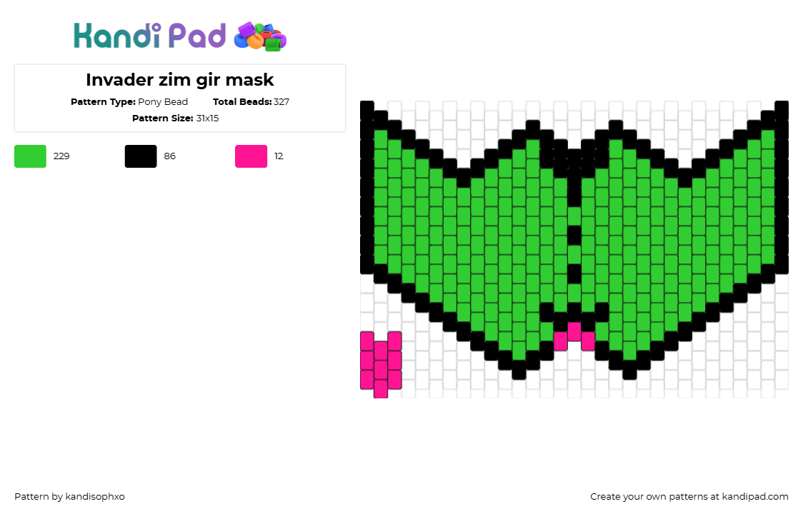 Invader zim gir mask - Pony Bead Pattern by kandisophxo on Kandi Pad - gir,invader zim,tongue,mask,cartoon,tv show,green,pink