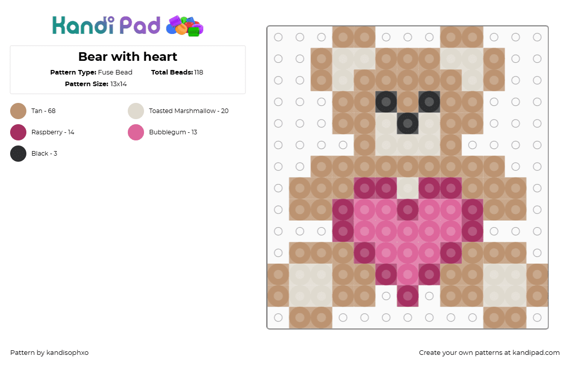 Bear with heart - Fuse Bead Pattern by kandisophxo on Kandi Pad - teddy,bear,plush,toy,charm,animal,love,holiday,beige,heart,valentine,mothers day,cute