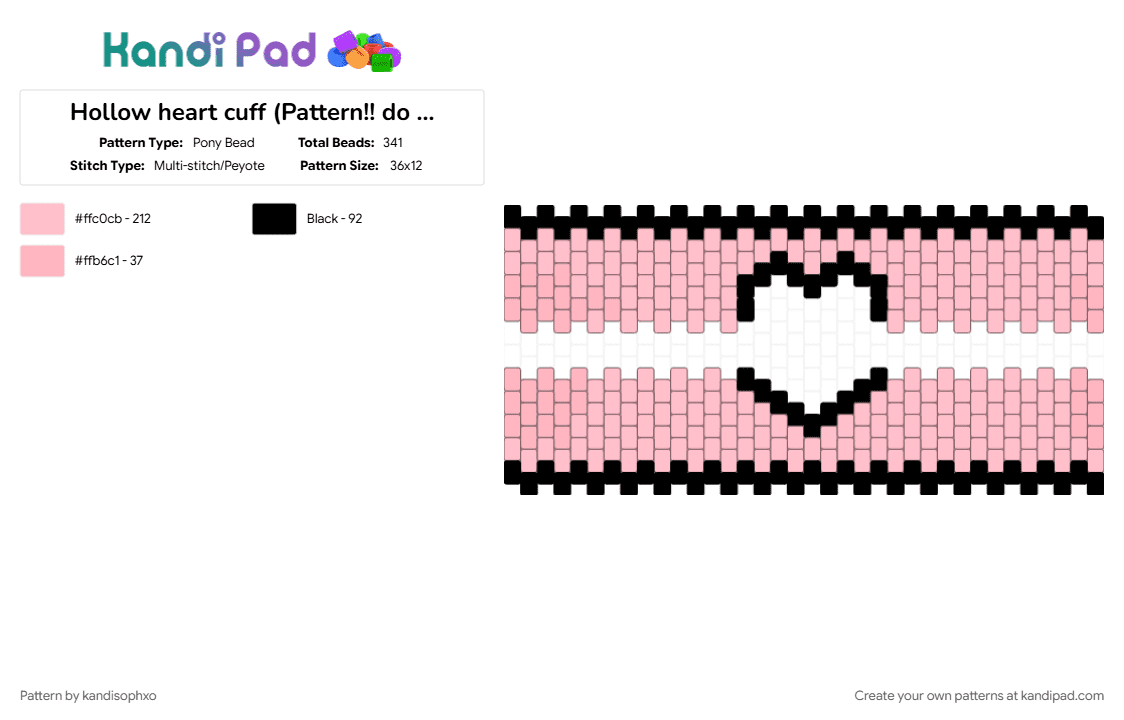 Hollow heart cuff (Pattern!! do as two cuffs then lace together) - Pony Bead Pattern by kandisophxo on Kandi Pad - black, heart, love, pink