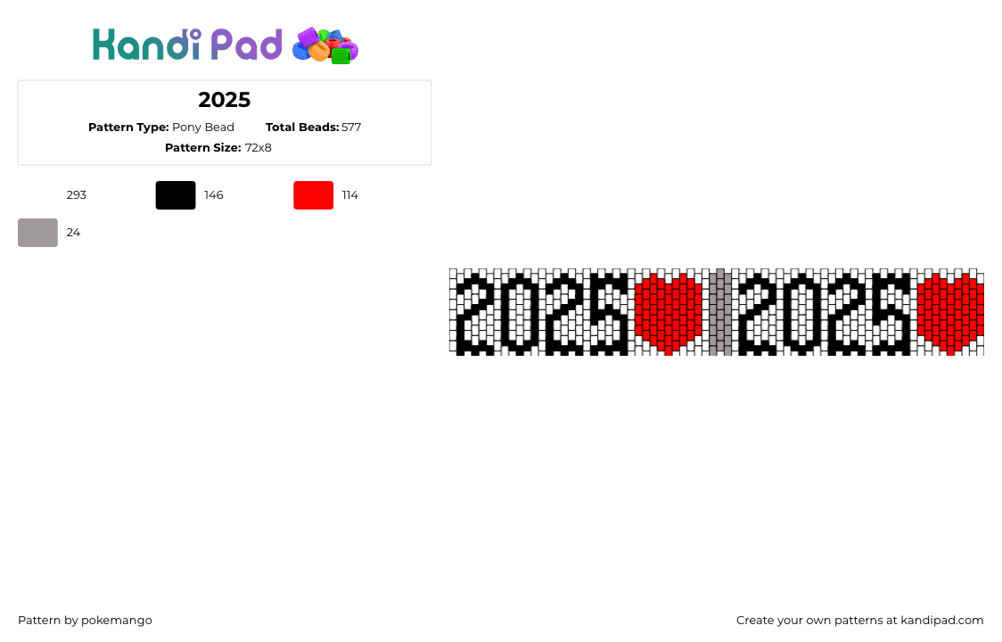 2025 - Pony Bead Pattern by pokemango on Kandi Pad - 2025,text,heart,cuff,white,red,black