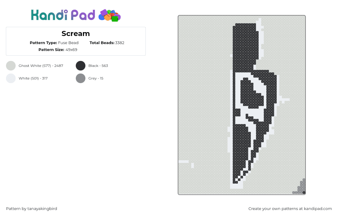 Scream - Fuse Bead Pattern by tanayakingbird on Kandi Pad - scream,knife,ghost face,horror,slasher,spooky,villain,movie,halloween,black,white