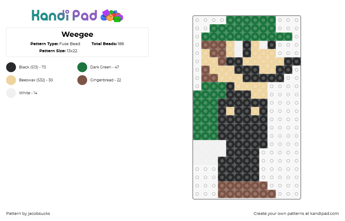 Weegee - Fuse Bead Pattern by jacobsucks on Kandi Pad - weegee,luigi,unanything,character,animation,video game,black,green,tan