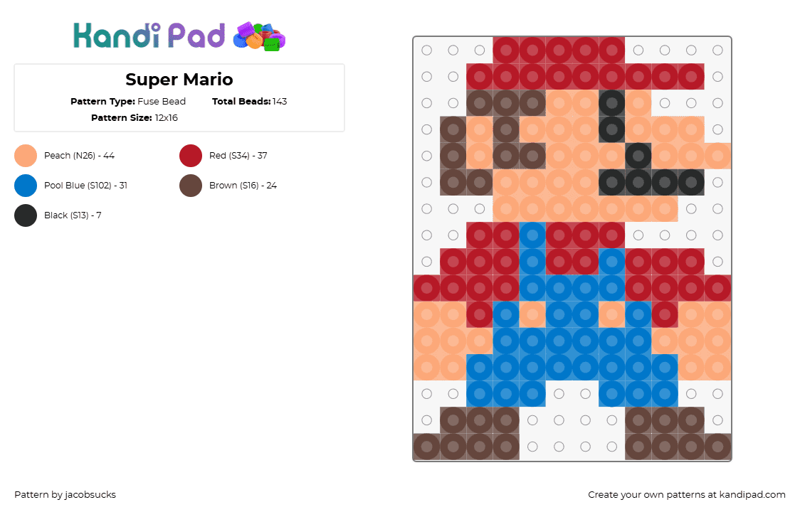 Super Mario - Fuse Bead Pattern by jacobsucks on Kandi Pad - mario,nintendo,character,video game,retro,classic,8-bit,arcade,blue,red,tan