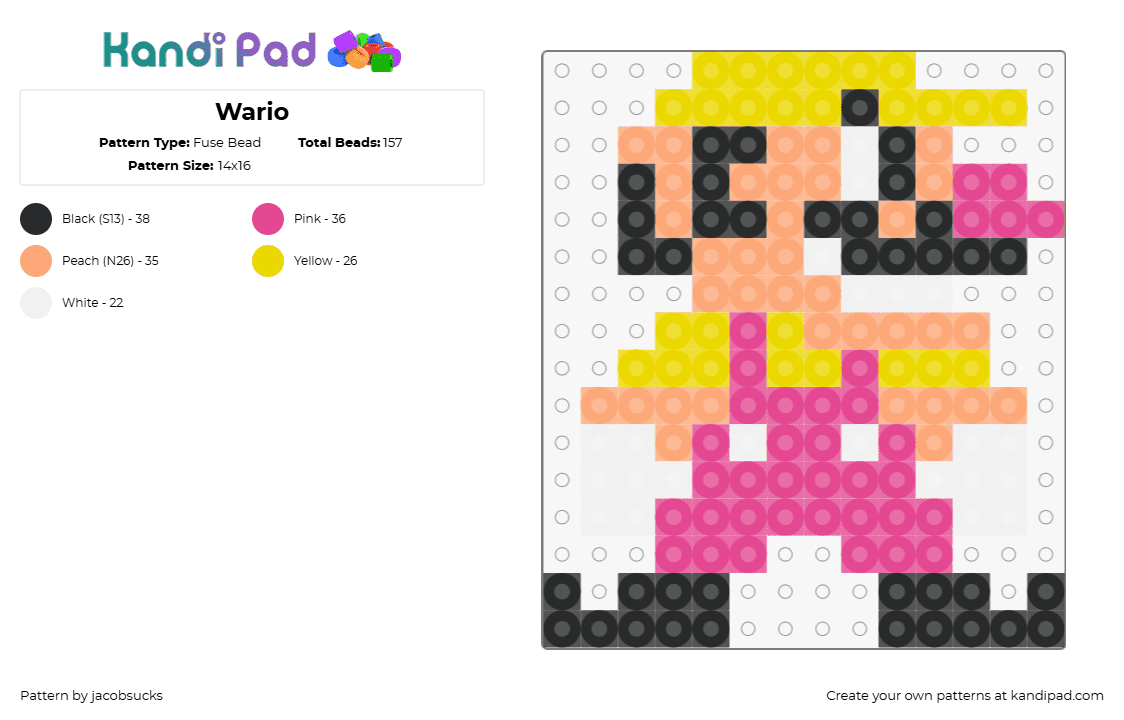 Wario - Fuse Bead Pattern by jacobsucks on Kandi Pad - wario,mario,nintendo,villain,character,video game,pink,white,black