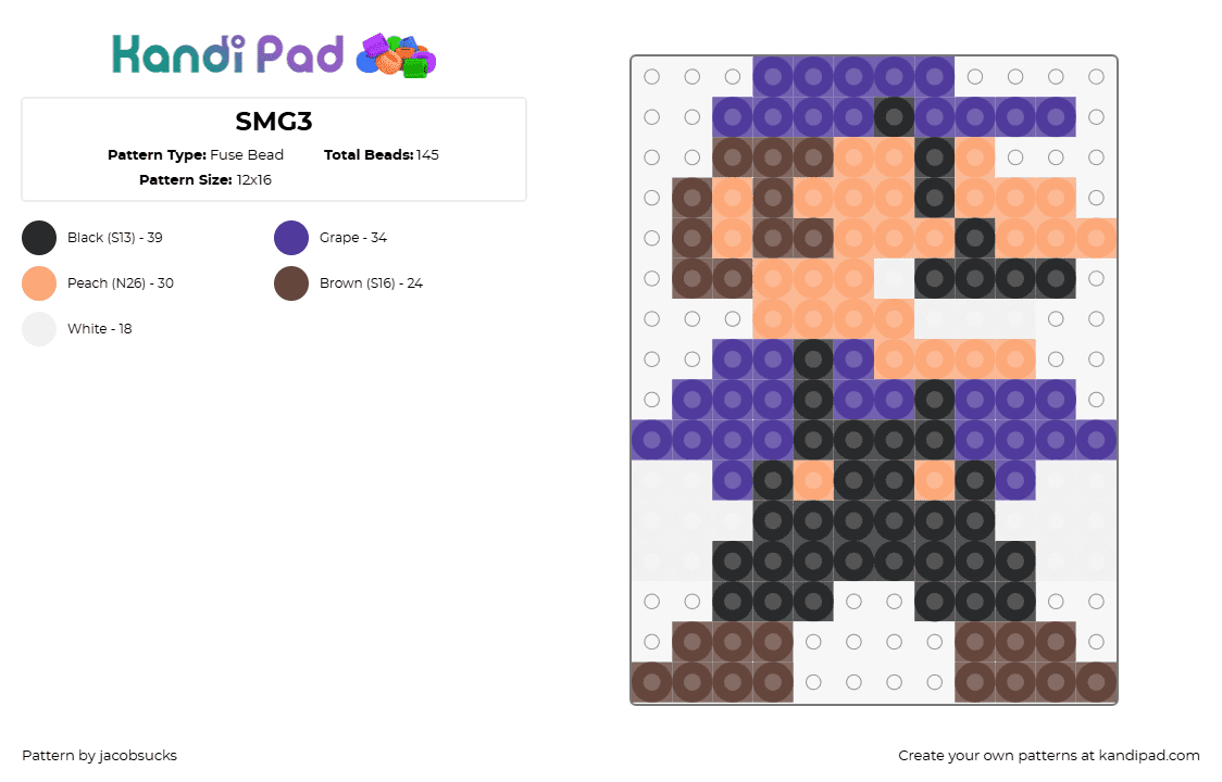 SMG3 - Fuse Bead Pattern by jacobsucks on Kandi Pad - smg3,waluigi,character,mario,animation,youtube,character,purple,black,tan