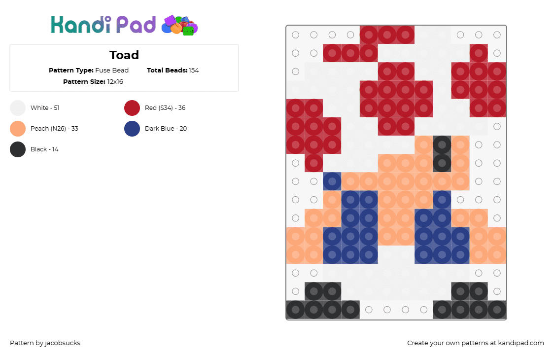 Toad - Fuse Bead Pattern by jacobsucks on Kandi Pad - toad,mario,nintendo,character,video game,white,red,blue,tan