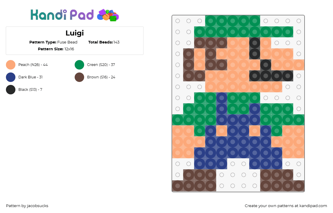 Luigi - Fuse Bead Pattern by jacobsucks on Kandi Pad - luigi,mario,nintendo,character,video game,retro,classic,8-bit,arcade,blue,green,tan