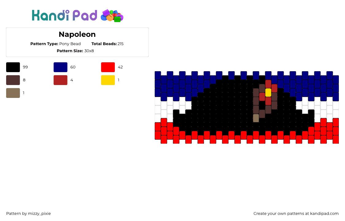 Napoleon - Pony Bead Pattern by mizzy_pixie on Kandi Pad - napoleon bonaparte,france,hat,cuff,black,blue,red