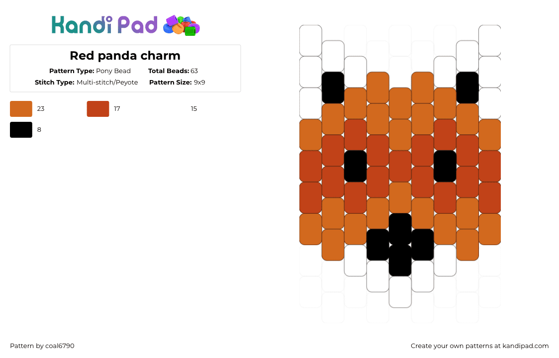 Red panda charm - Pony Bead Pattern by coal6790 on Kandi Pad - orange,red