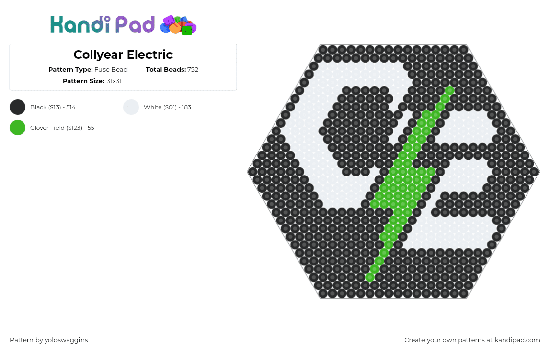 Collyear Electric - Fuse Bead Pattern by yoloswaggins on Kandi Pad - collyear electric,logo,lightning bolt,black,white,green