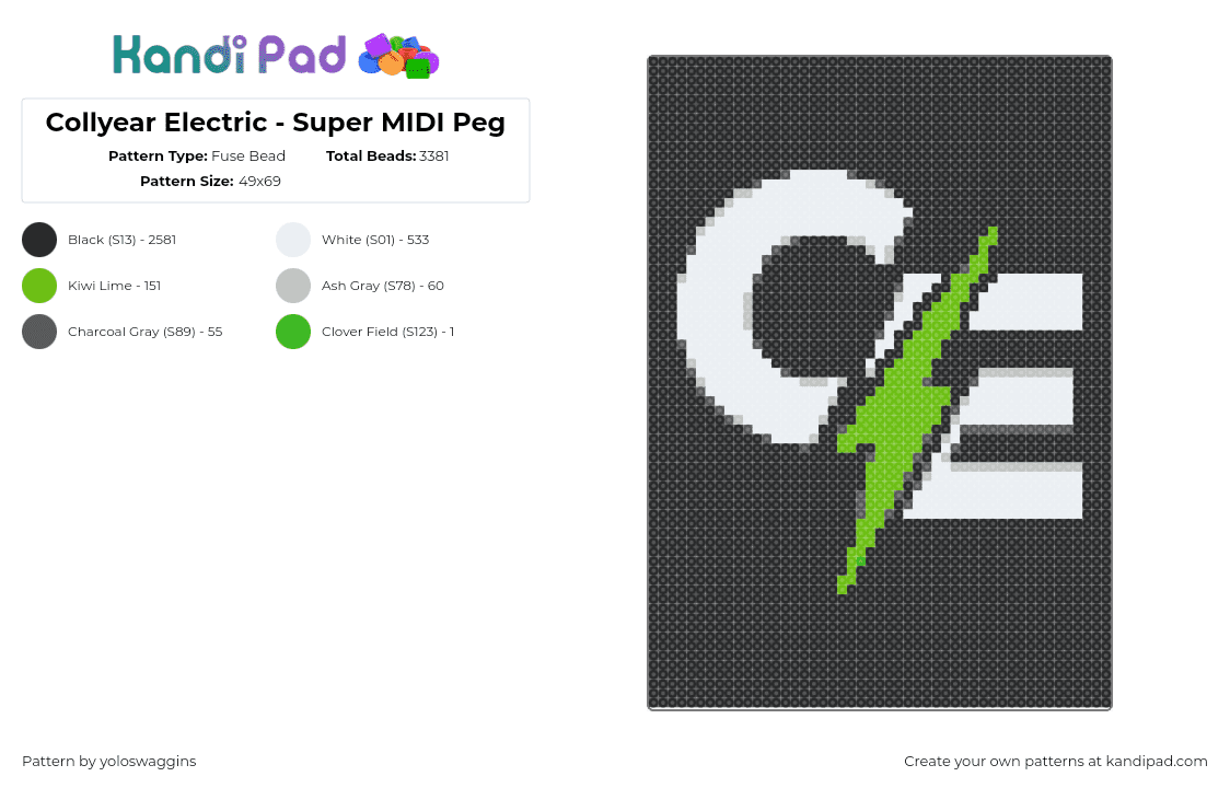 Collyear Electric - Super MIDI Peg - Fuse Bead Pattern by yoloswaggins on Kandi Pad - collyear electric,logo,lightning bolt,black,white,green