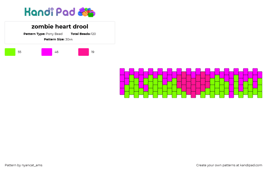 zombie heart drool - Pony Bead Pattern by nyancat_ams on Kandi Pad - neon,drippy,melting,heart,bracelet,cuff,green,pink