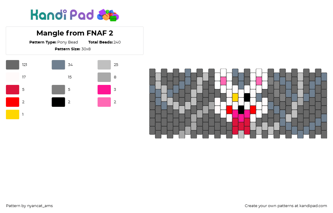 Mangle from FNAF 2 - Pony Bead Pattern by nyancat_ams on Kandi Pad - mangle,fnaf,five nights at freddys,cuff,video game,horror,gray,white