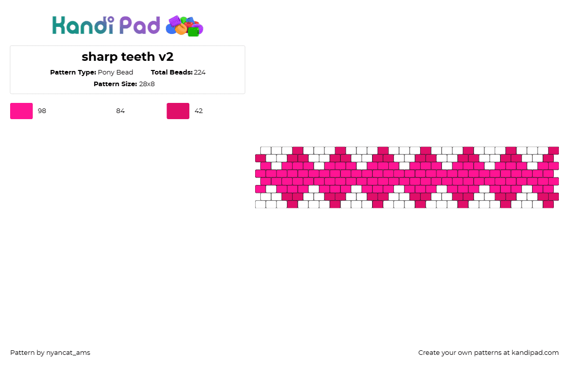 sharp teeth v2 - Pony Bead Pattern by nyancat_ams on Kandi Pad - zig zag,teeth,diamonds,geometric,cuff,pink,white