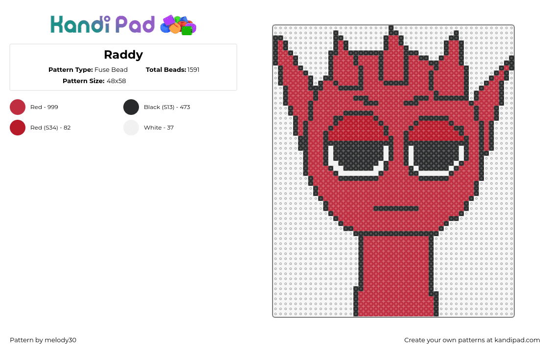 Raddy - Fuse Bead Pattern by melody30 on Kandi Pad - raddy,sprunki,incredibox,character,video game,red