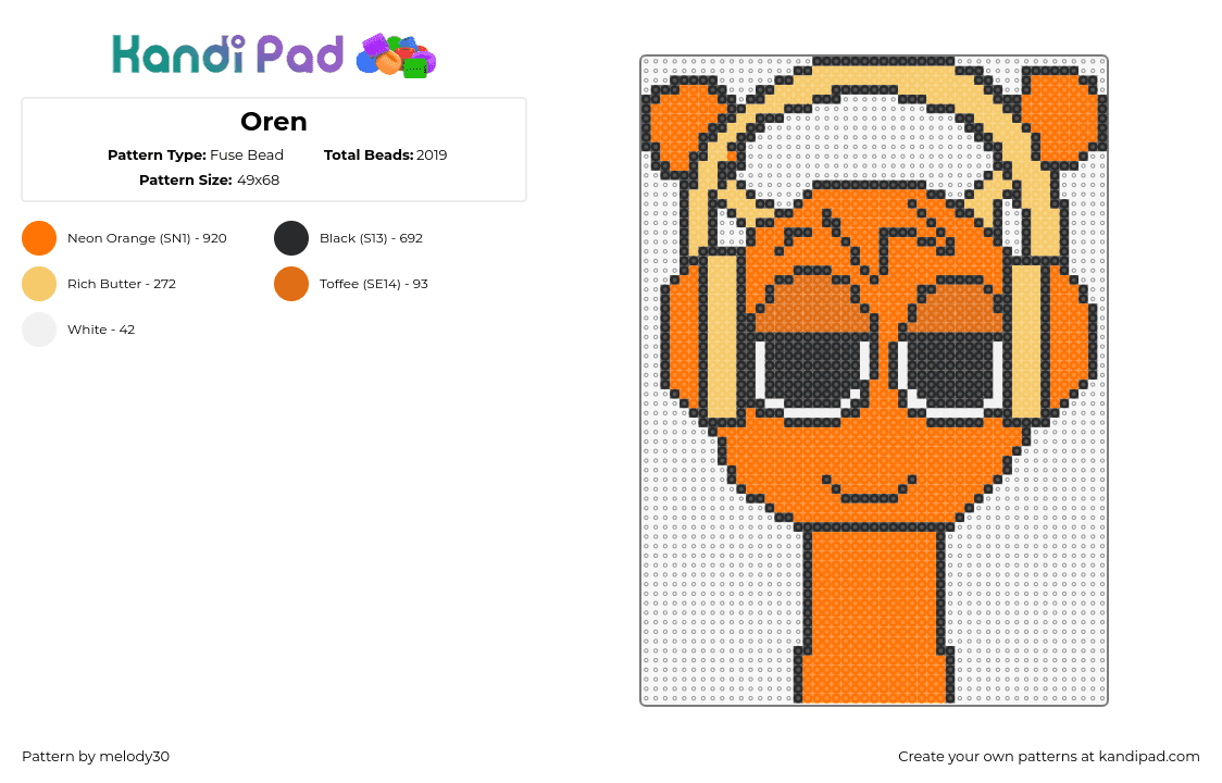 Oren - Fuse Bead Pattern by melody30 on Kandi Pad - oren,sprunki,incredibox,character,video game,headphones,orange