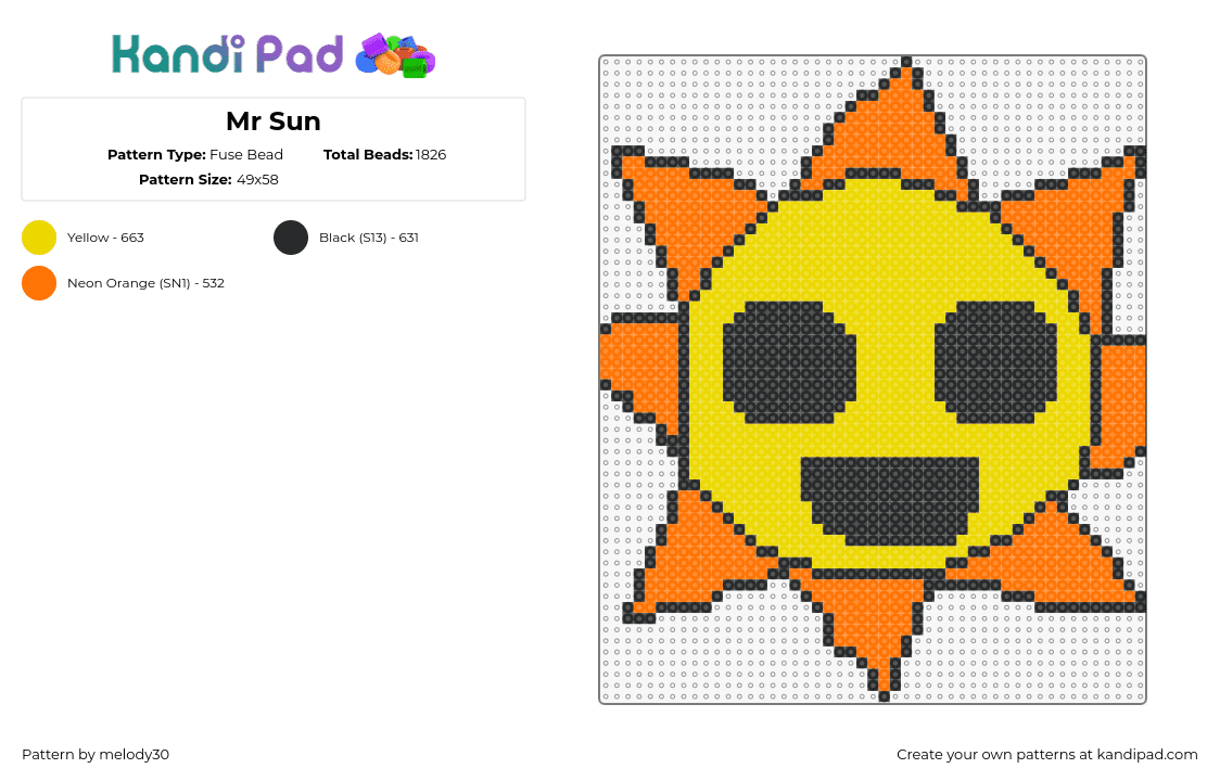 Mr Sun - Fuse Bead Pattern by melody30 on Kandi Pad - mr sun,sprunki,incredibox,character,video game,happy,orange,yellow,black