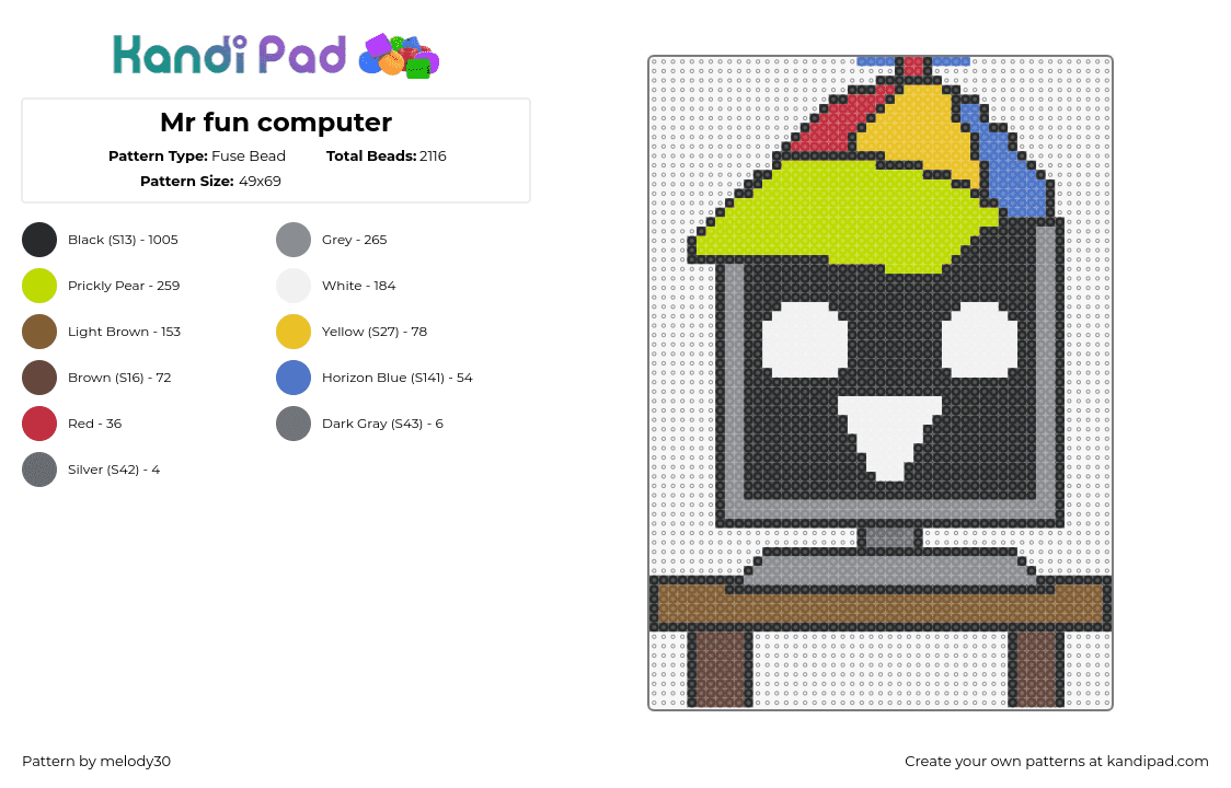 Mr fun computer - Fuse Bead Pattern by melody30 on Kandi Pad - mr fun computer,sprunki,incredibox,video game,character,colorful,hat,face,green,black,gray,brown