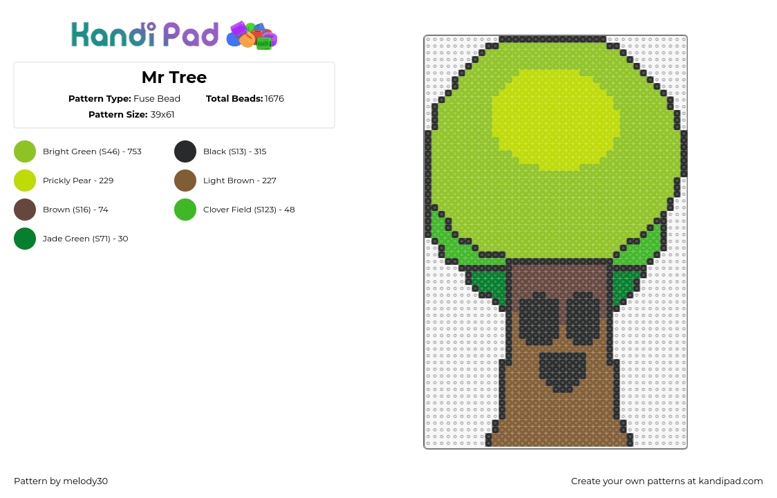 Mr Tree - Fuse Bead Pattern by melody30 on Kandi Pad - mr tree,sprunki,incredibox,nature,character,face,happy,video game,brown,green