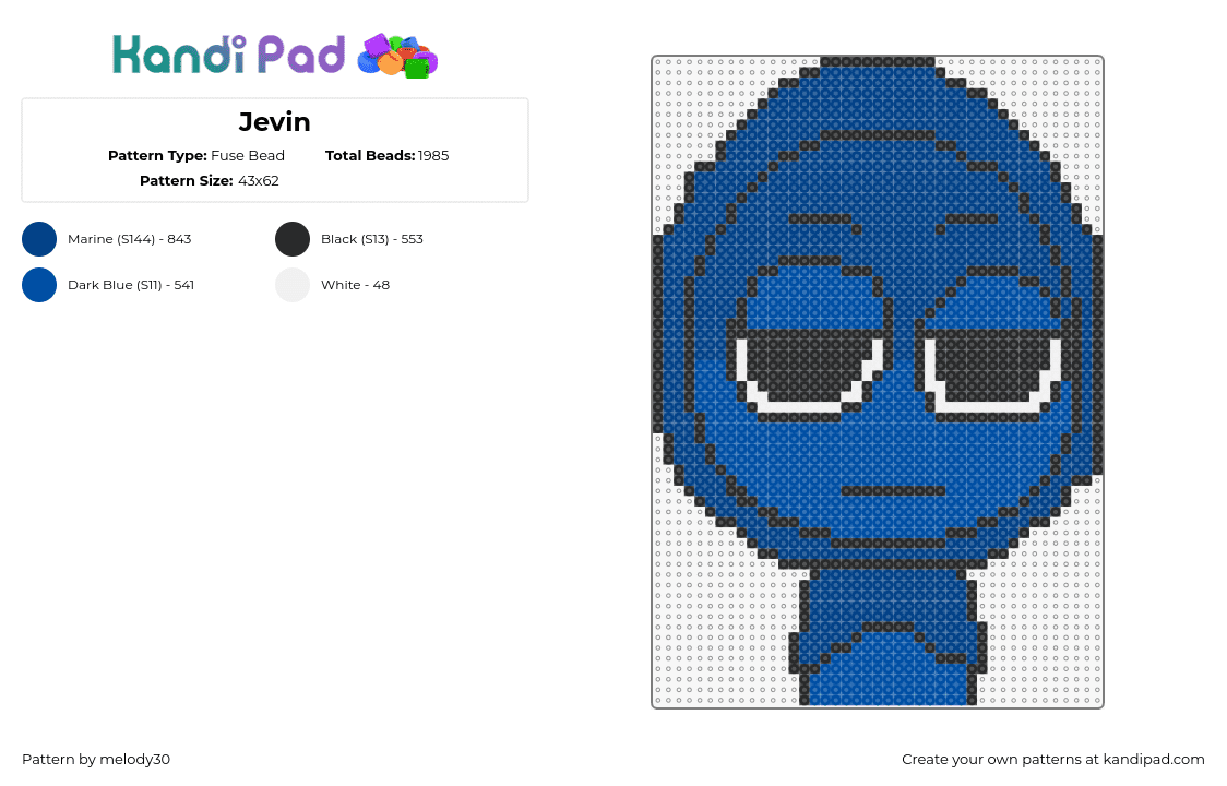 Jevin - Fuse Bead Pattern by melody30 on Kandi Pad - jevin,sprunki,incredibox,character,video game,blue