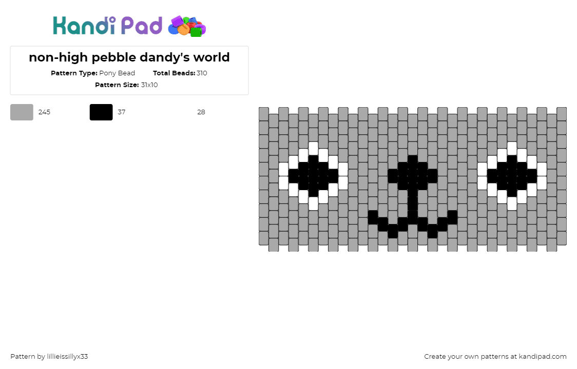 non-high pebble dandy\'s world - Pony Bead Pattern by lillieissillyx33 on Kandi Pad - pebble,dandys world,face,character,cuff,video game,smile,gray