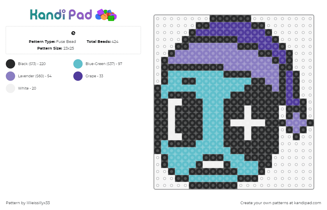 e - Fuse Bead Pattern by lillieissillyx33 on Kandi Pad - astro,dandys world,character,head,video game,teal,purple,black