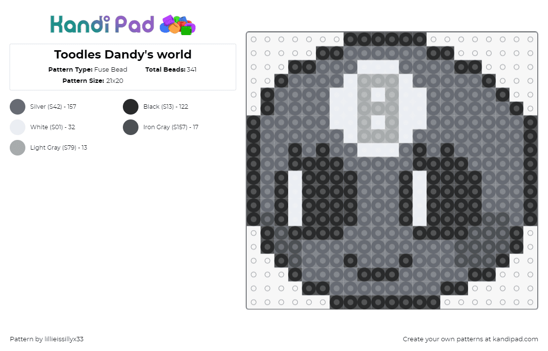 Toodles Dandy\'s world - Fuse Bead Pattern by lillieissillyx33 on Kandi Pad - toodles,dandys world,head,character,video game,horror,gray,black