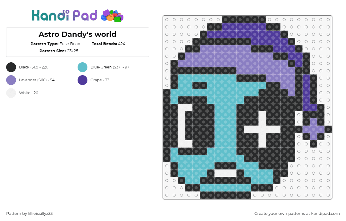 Astro Dandy\'s world - Fuse Bead Pattern by lillieissillyx33 on Kandi Pad - astro,dandys world,character,head,video game,teal,purple,black