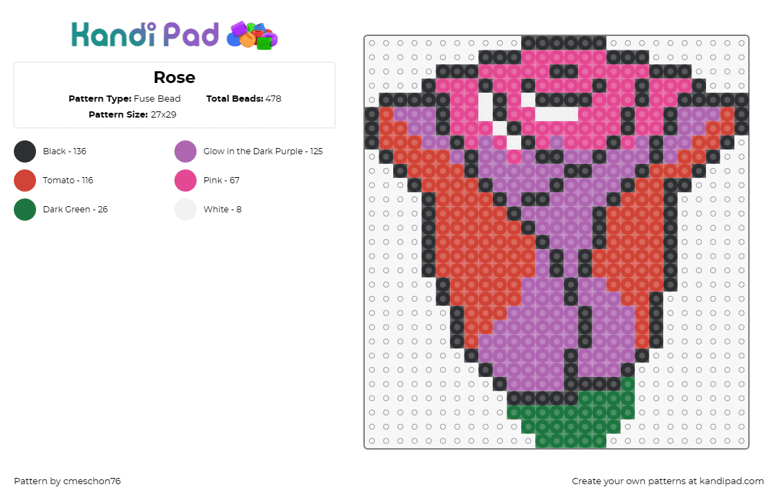 Rose - Fuse Bead Pattern by cmeschon76 on Kandi Pad - rose,flower,bloom,plants,love,nature,petals,pink,red