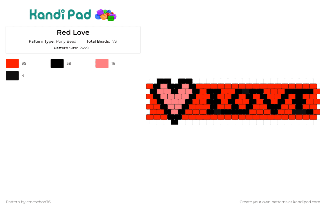 Red Love - Pony Bead Pattern by cmeschon76 on Kandi Pad - love,heart,cuff