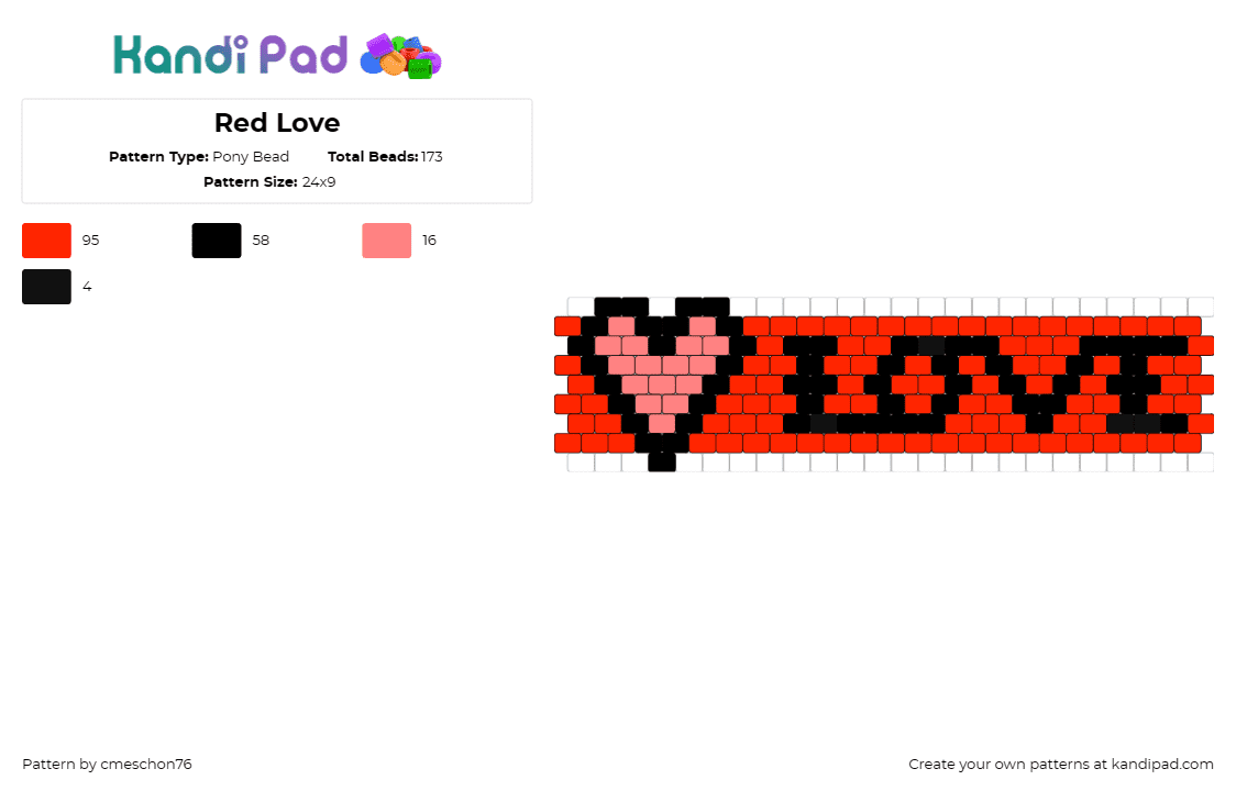 Red Love - Pony Bead Pattern by cmeschon76 on Kandi Pad - love,heart,text,affection,cuff,valentine,red