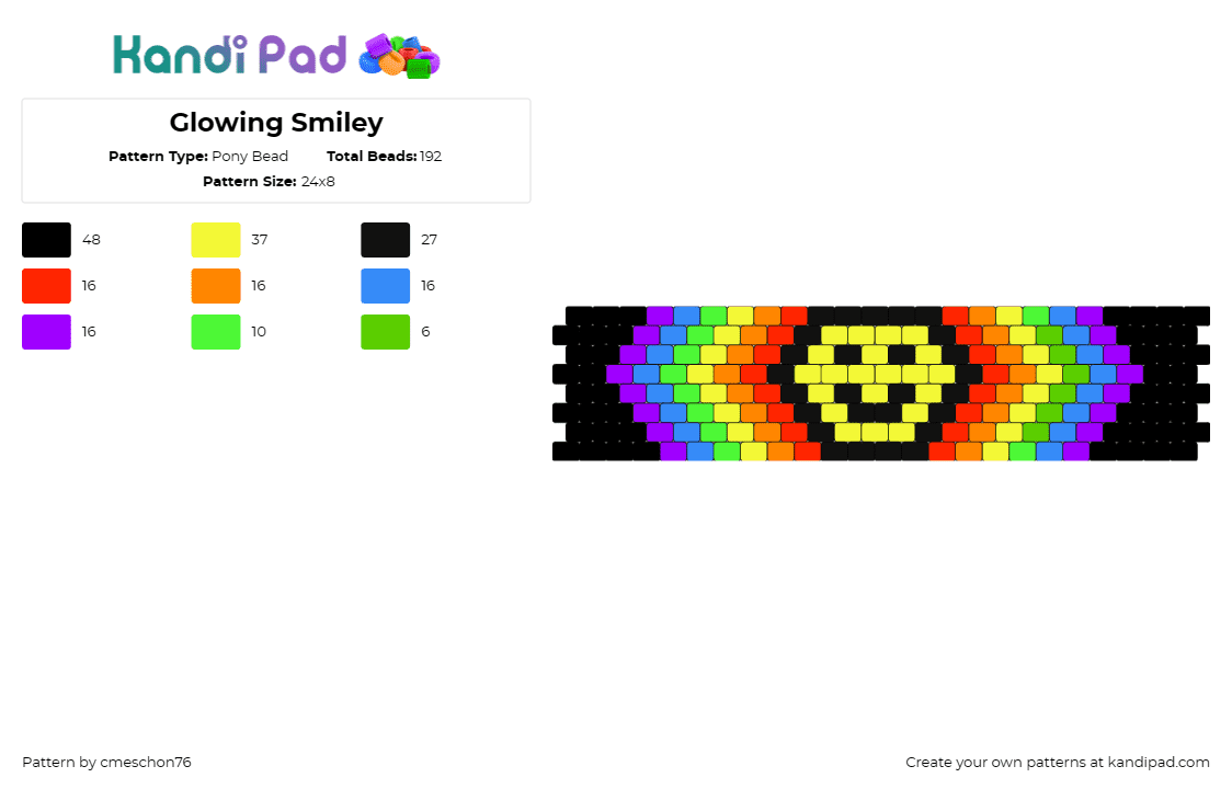 Glowing Smiley - Pony Bead Pattern by cmeschon76 on Kandi Pad - smiley,trippy,rainbow,cuff,dark,yellow,black