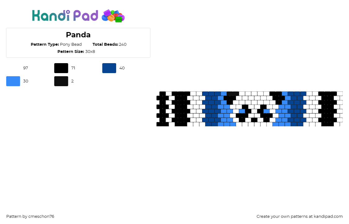 Panda - Pony Bead Pattern by cmeschon76 on Kandi Pad - panda,bear,animal,cute,cuff,white,blue