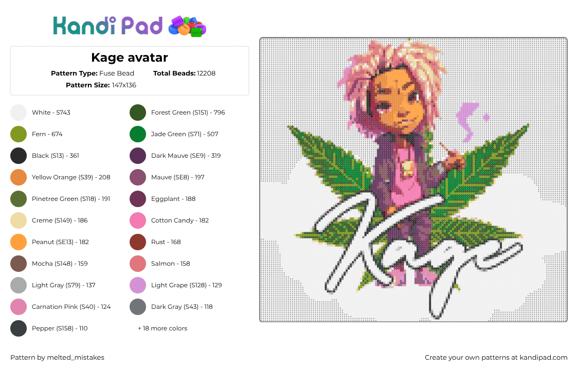 Kage avatar - Fuse Bead Pattern by melted_mistakes on Kandi Pad - kage,marijuana,pot,420,green,pink,white