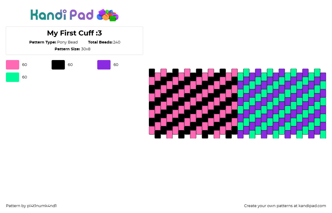 My First Cuff :3 - Pony Bead Pattern by pl4t1numk4nd1 on Kandi Pad - neon,diagonal,stripes,scene,cuff,pink,black,green,purple