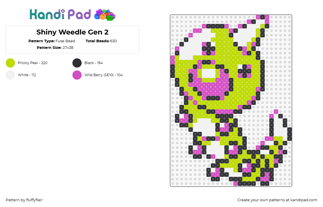 Shiny Weedle Gen 2 - Fuse Bead Pattern by fluffyflair on Kandi Pad - weedle,pokemon,character,gaming,caterpillar,green,pink