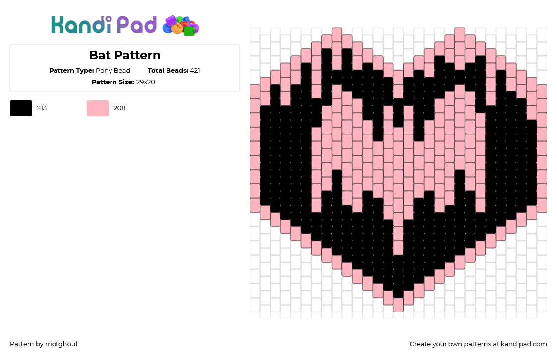 Bat Pattern - Pony Bead Pattern by rriotghoul on Kandi Pad - bat,heart,silhouette,spooky,halloween,drippy,pink,black